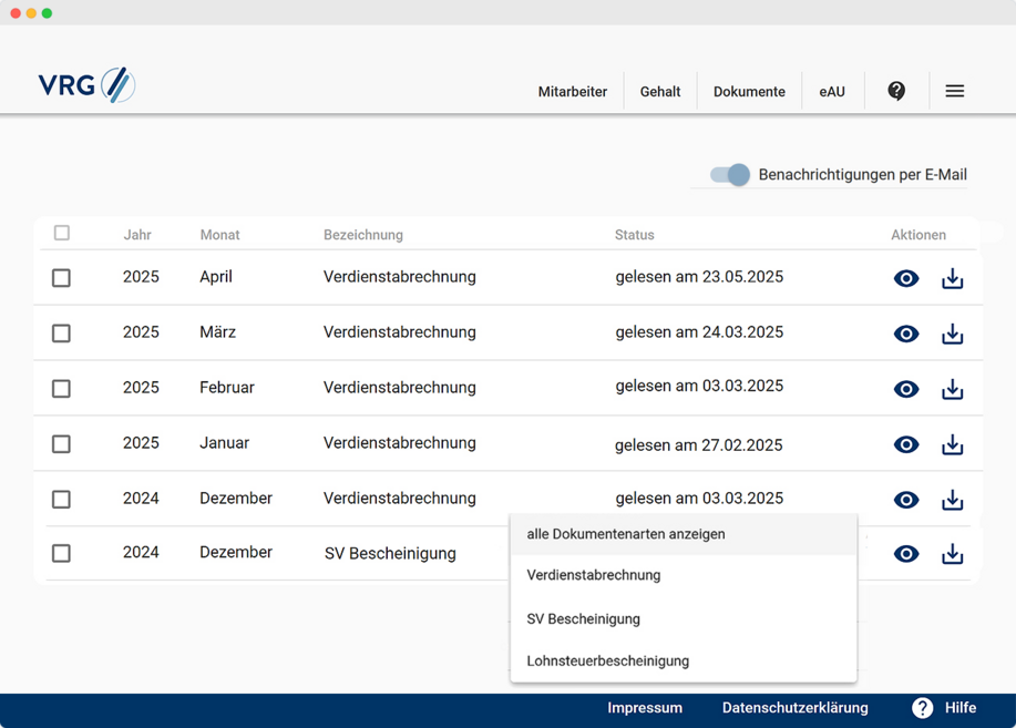 Screenshot der VRG-Software zum Abruf des digitalen Gehaltsnachweises Screenshot der VRG-Software zum Abruf des digitalen Gehaltsnachweises